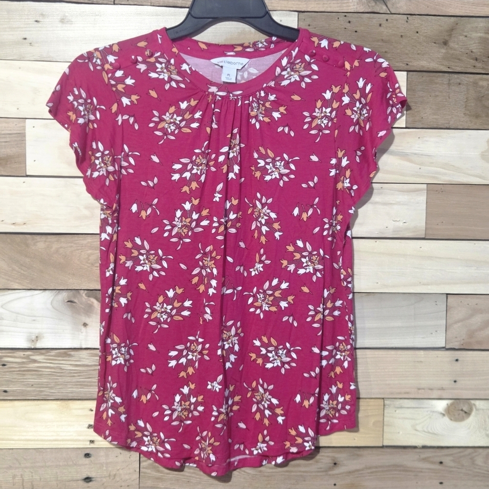 Liz Claiborne Petite Large PL Pink Floral Pleated Blouse Top Cap Sleeve